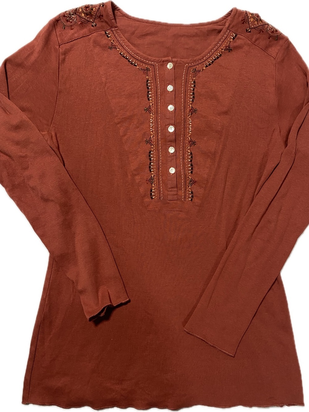 Embroidered Henley Long-Sleeve Blouse in Rust